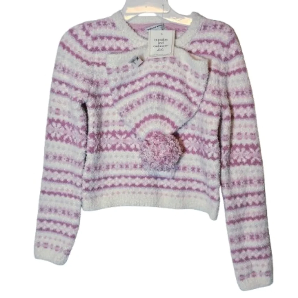cupcakes & cashmere Kids Lavender Pink and White Sweater & Hat Size L 10/12